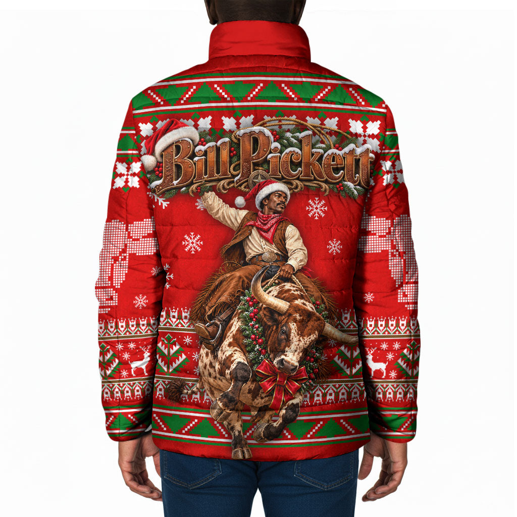 Bill Pickett Christmas Cowboy Padded Jacket Snowy Winter Western Rodeo Horse Rider Art