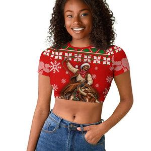 Bill Pickett Christmas Cowboy Raglan Cropped T shirt Snowy Winter Western Rodeo Horse Rider Art