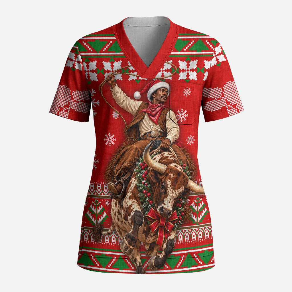 Bill Pickett Christmas Cowboy Scrub Top Snowy Winter Western Rodeo Horse Rider Art