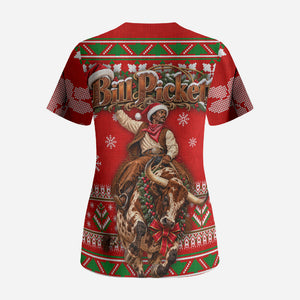 Bill Pickett Christmas Cowboy Scrub Top Snowy Winter Western Rodeo Horse Rider Art