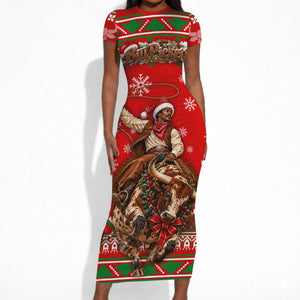 Bill Pickett Christmas Cowboy Short Sleeve Bodycon Dress Snowy Winter Western Rodeo Horse Rider Art