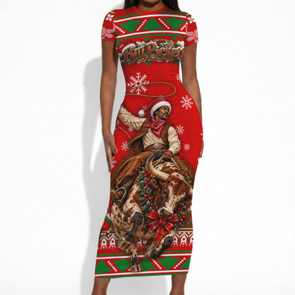 Bill Pickett Christmas Cowboy Short Sleeve Bodycon Dress Snowy Winter Western Rodeo Horse Rider Art