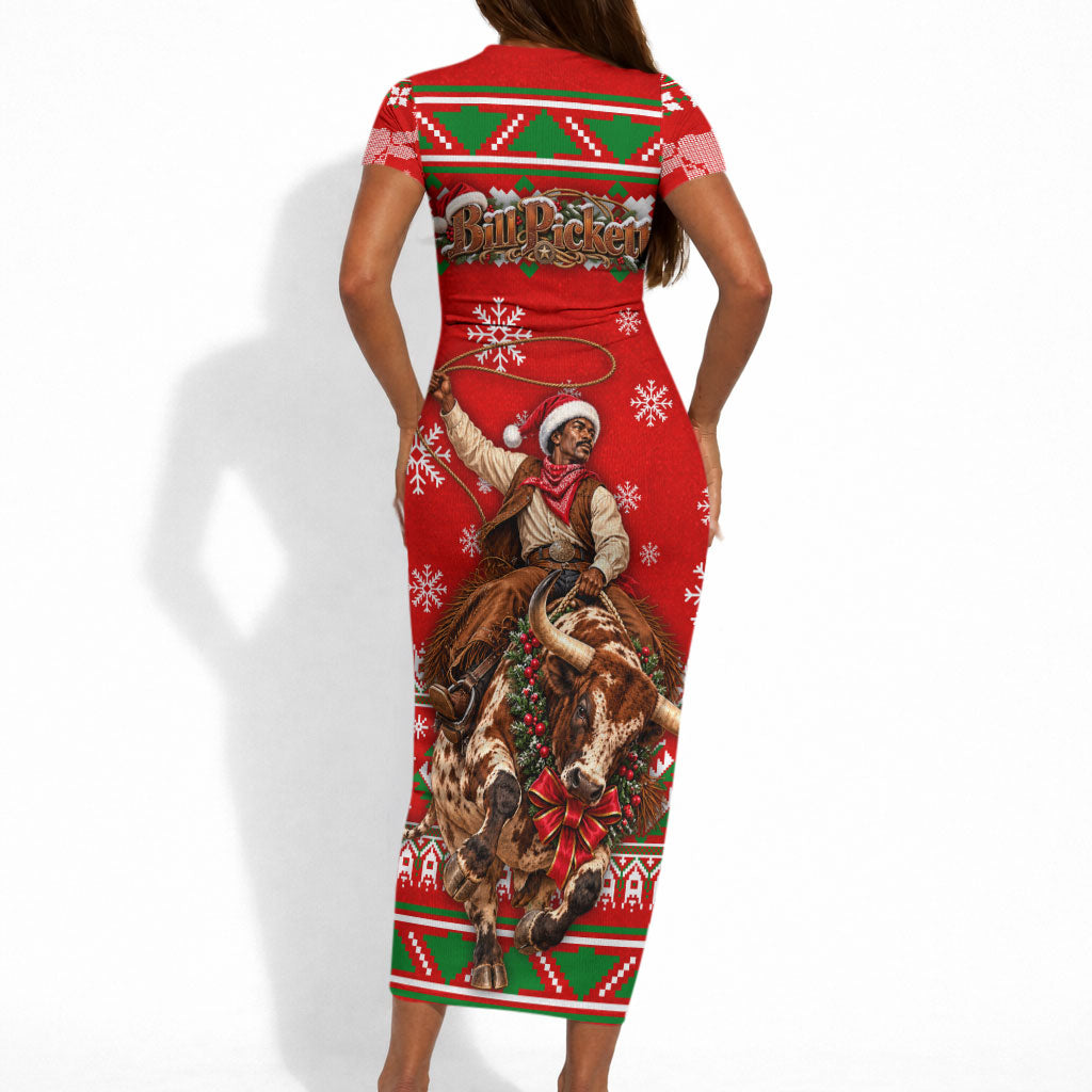 Bill Pickett Christmas Cowboy Short Sleeve Bodycon Dress Snowy Winter Western Rodeo Horse Rider Art