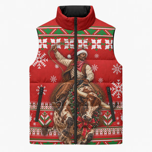 Bill Pickett Christmas Cowboy Sleeveless Puffer Jacket Snowy Winter Western Rodeo Horse Rider Art