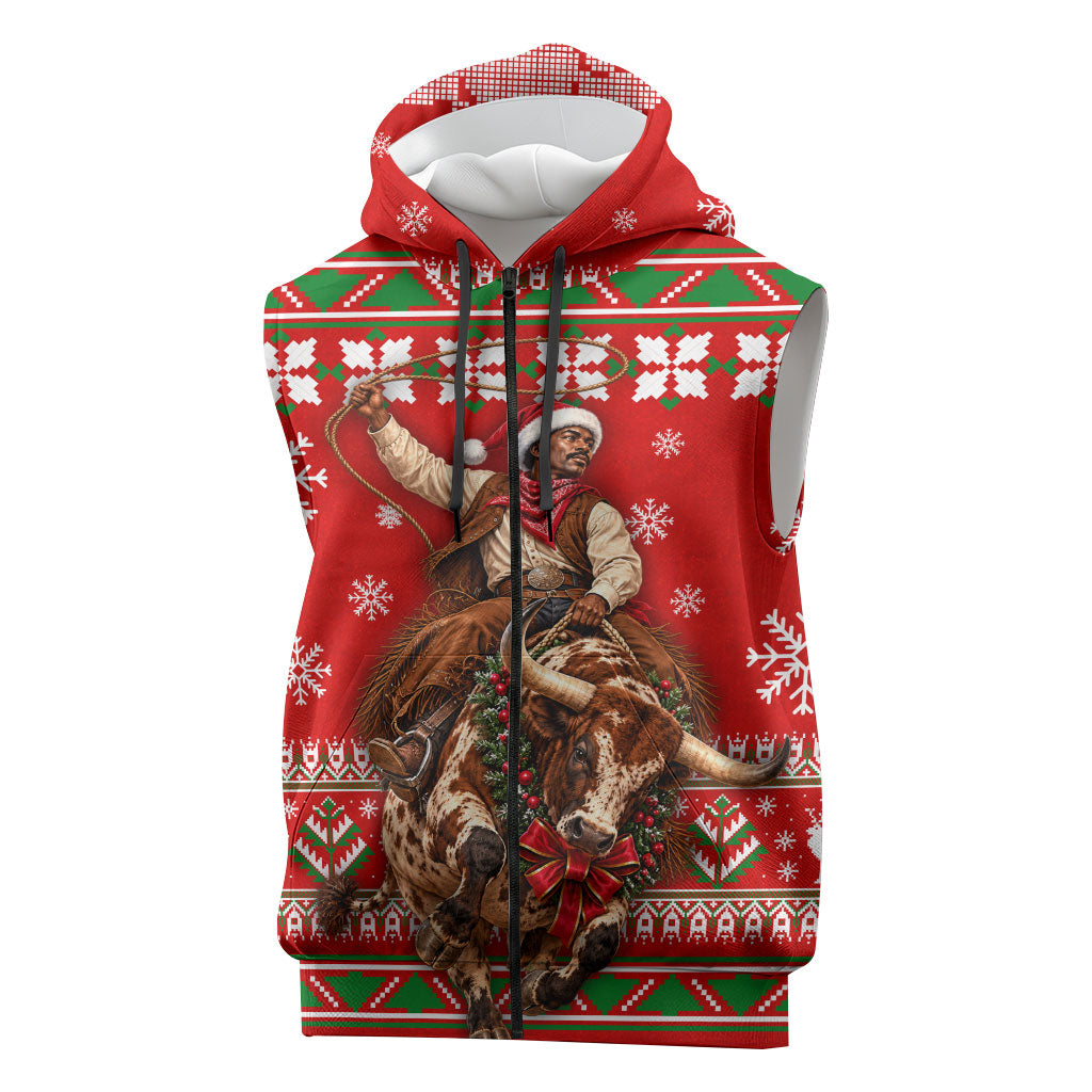 Bill Pickett Christmas Cowboy Sleeveless Zip Hoodie Snowy Winter Western Rodeo Horse Rider Art