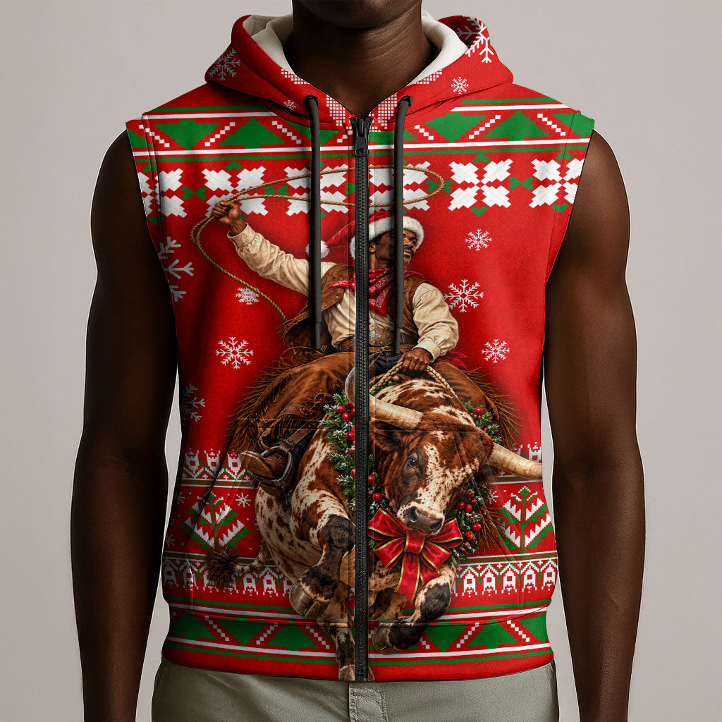 Bill Pickett Christmas Cowboy Sleeveless Zip Hoodie Snowy Winter Western Rodeo Horse Rider Art