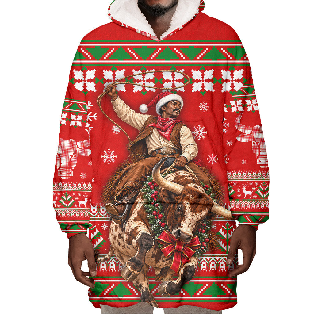 Bill Pickett Christmas Cowboy Wearable Blanket Hoodie Snowy Winter Western Rodeo Horse Rider Art