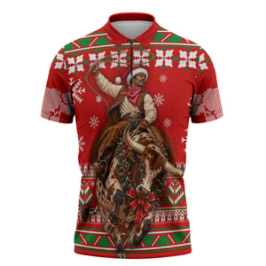 Bill Pickett Christmas Cowboy Zipper Polo Shirt Snowy Winter Western Rodeo Horse Rider Art