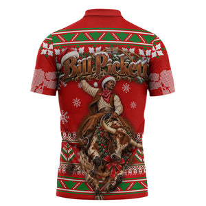 Bill Pickett Christmas Cowboy Zipper Polo Shirt Snowy Winter Western Rodeo Horse Rider Art