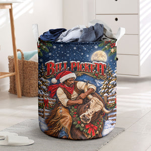 Bill Pickett Christmas Bull Rider Laundry Basket Snowy Winter Western Rodeo Night Art
