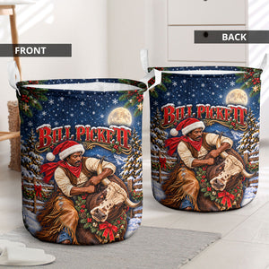 Bill Pickett Christmas Bull Rider Laundry Basket Snowy Winter Western Rodeo Night Art