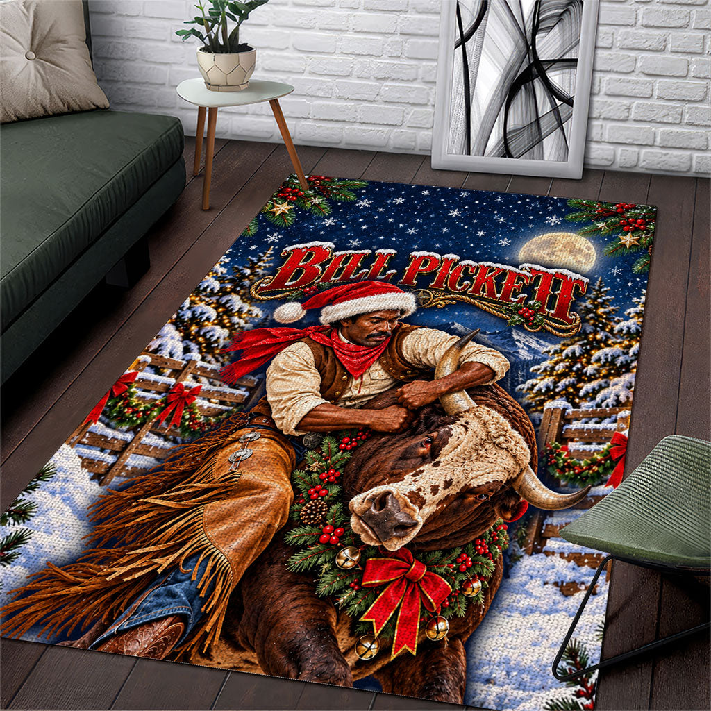 Bill Pickett Christmas Bull Rider Area Rug Snowy Winter Western Rodeo Night Art