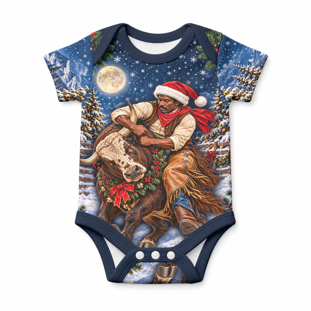 Bill Pickett Christmas Bull Rider Baby Onesie Snowy Winter Western Rodeo Night Art
