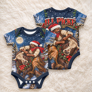 Bill Pickett Christmas Bull Rider Baby Onesie Snowy Winter Western Rodeo Night Art