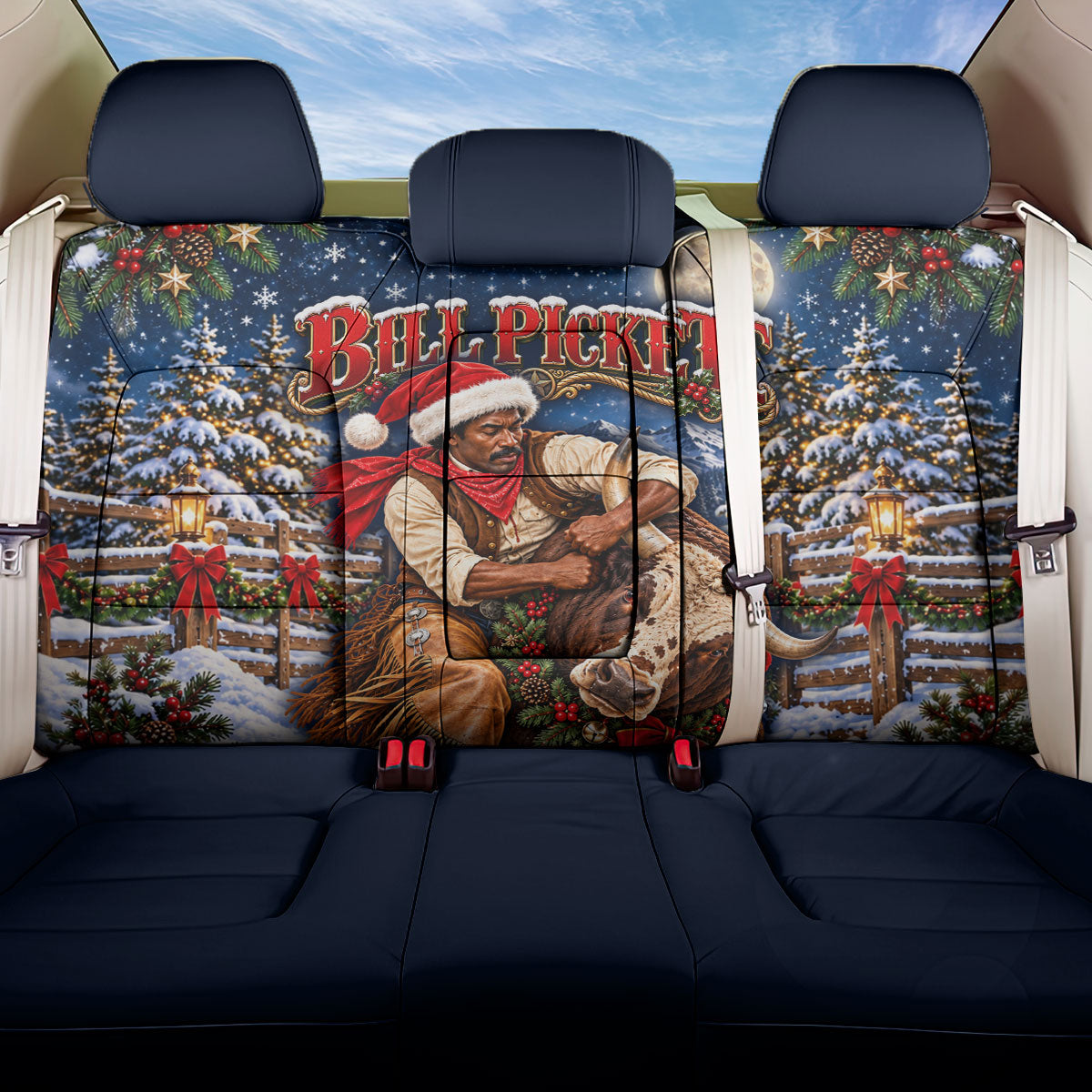 Bill Pickett Christmas Bull Rider Back Car Seat Cover Snowy Winter Western Rodeo Night Art