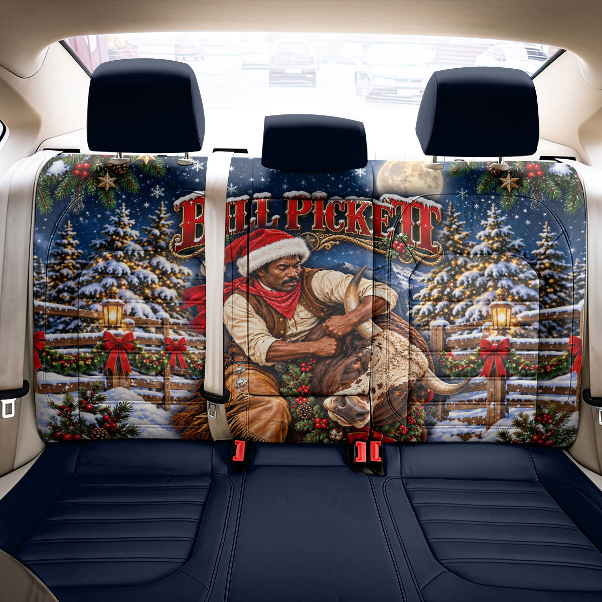 Bill Pickett Christmas Bull Rider Back Car Seat Cover Snowy Winter Western Rodeo Night Art