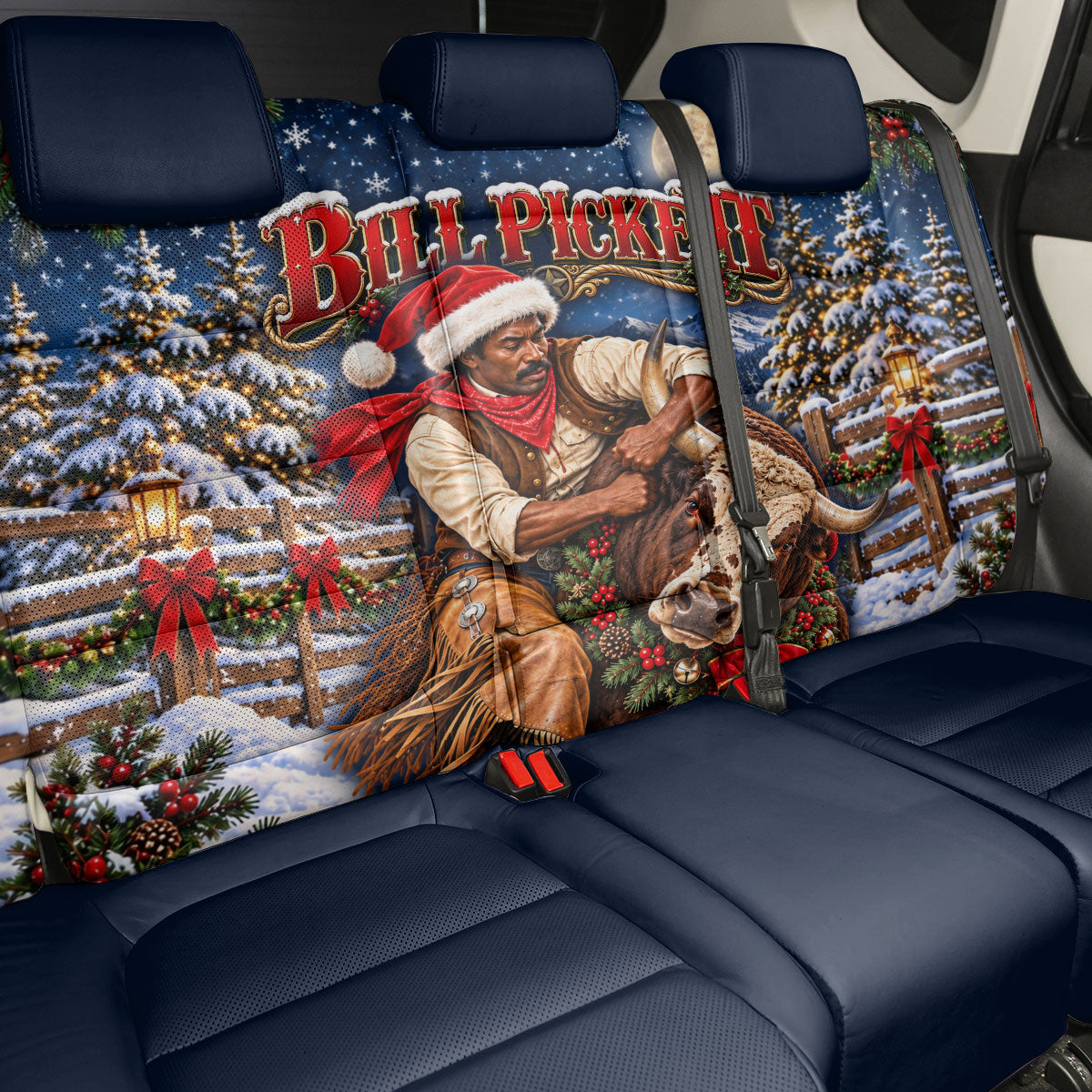 Bill Pickett Christmas Bull Rider Back Car Seat Cover Snowy Winter Western Rodeo Night Art