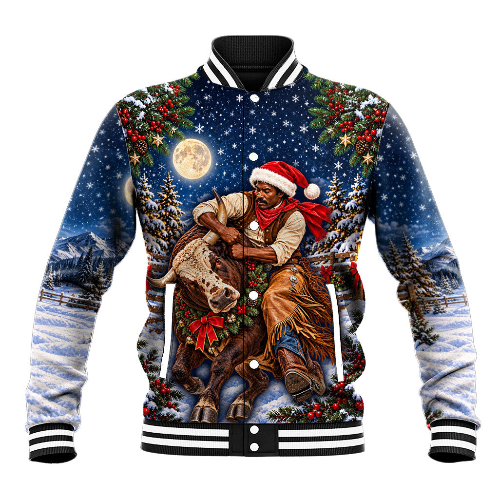 Bill Pickett Christmas Bull Rider Baseball Jacket Snowy Winter Western Rodeo Night Art