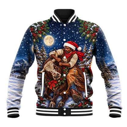 Bill Pickett Christmas Bull Rider Baseball Jacket Snowy Winter Western Rodeo Night Art