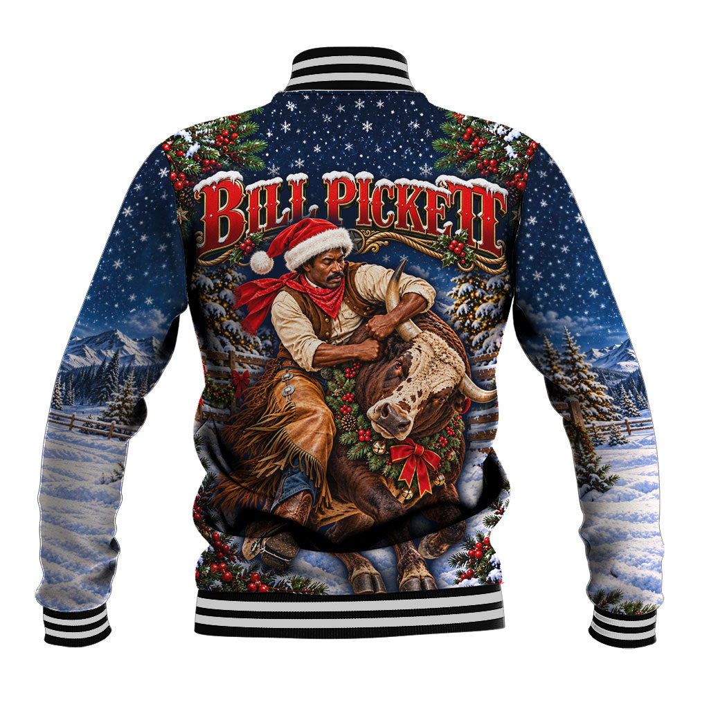 Bill Pickett Christmas Bull Rider Baseball Jacket Snowy Winter Western Rodeo Night Art