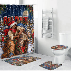 Bill Pickett Christmas Bull Rider Bathroom Set Snowy Winter Western Rodeo Night Art