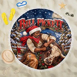 Bill Pickett Christmas Bull Rider Beach Blanket Snowy Winter Western Rodeo Night Art