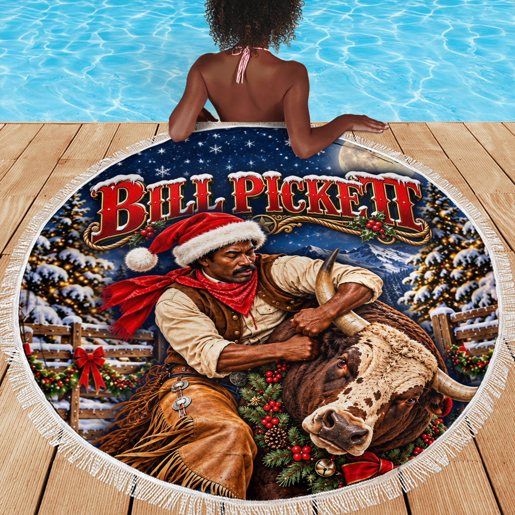 Bill Pickett Christmas Bull Rider Beach Blanket Snowy Winter Western Rodeo Night Art