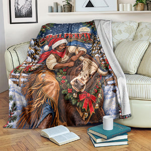 Bill Pickett Christmas Bull Rider Blanket Snowy Winter Western Rodeo Night Art