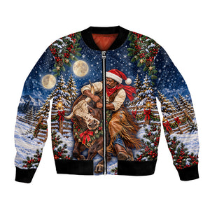 Bill Pickett Christmas Bull Rider Bomber Jacket Snowy Winter Western Rodeo Night Art