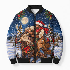 Bill Pickett Christmas Bull Rider Bomber Puffer Jacket Snowy Winter Western Rodeo Night Art