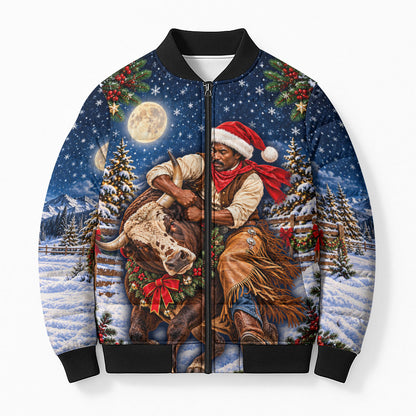 Bill Pickett Christmas Bull Rider Bomber Puffer Jacket Snowy Winter Western Rodeo Night Art