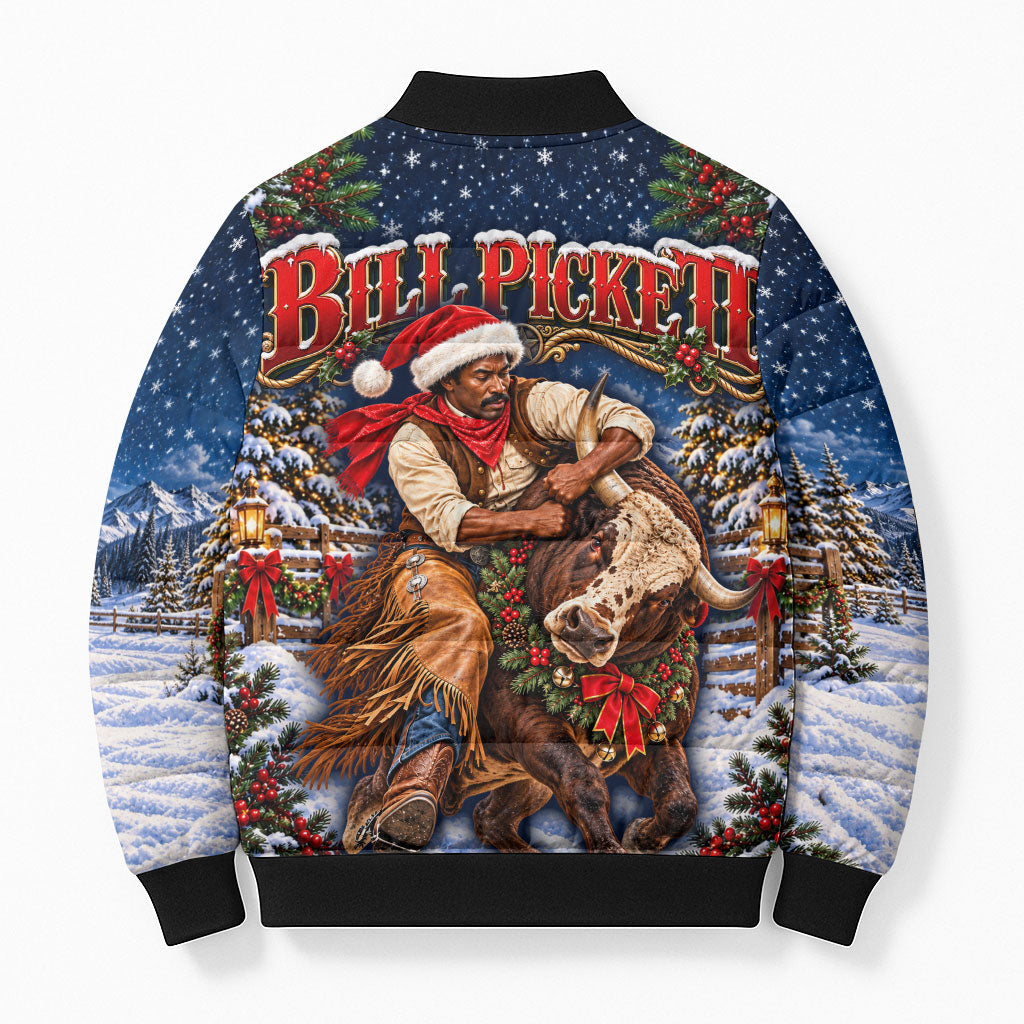 Bill Pickett Christmas Bull Rider Bomber Puffer Jacket Snowy Winter Western Rodeo Night Art