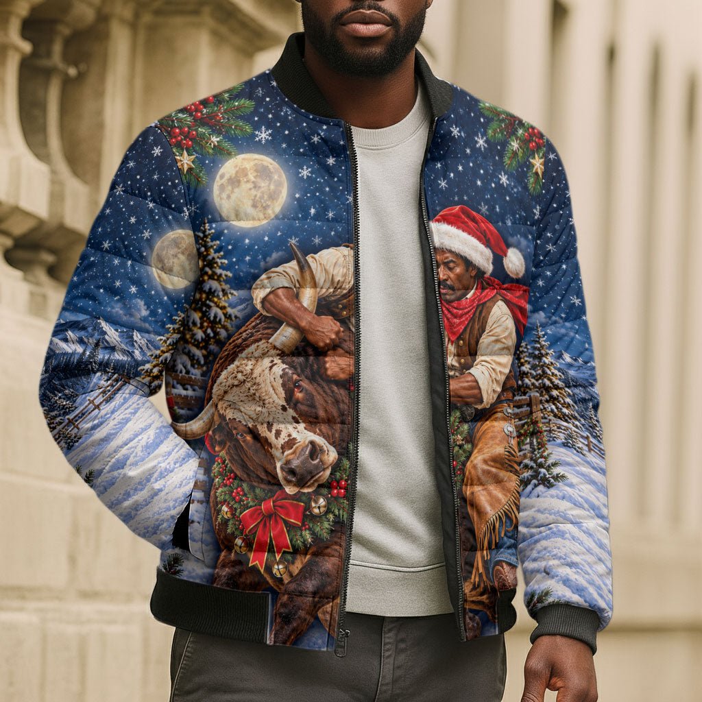 Bill Pickett Christmas Bull Rider Bomber Puffer Jacket Snowy Winter Western Rodeo Night Art