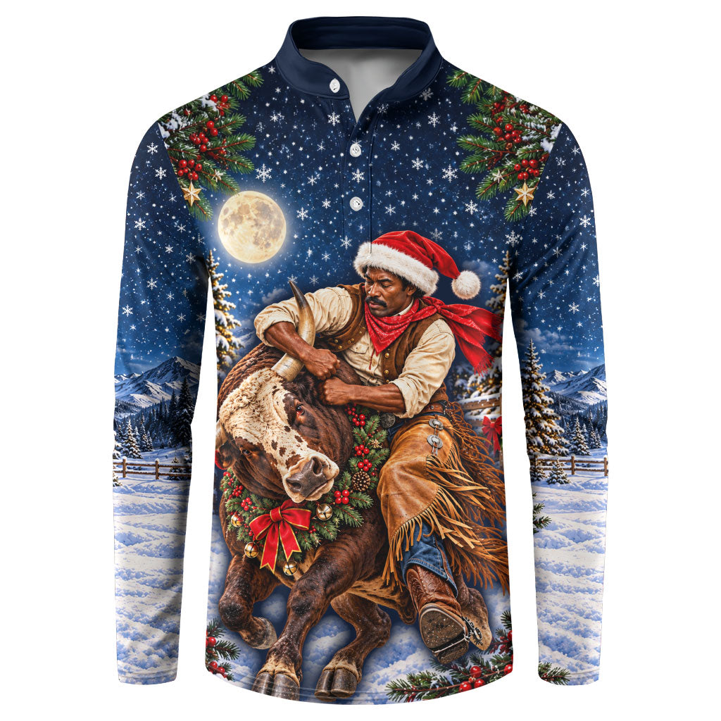 Bill Pickett Christmas Bull Rider Button Sweatshirt Snowy Winter Western Rodeo Night Art
