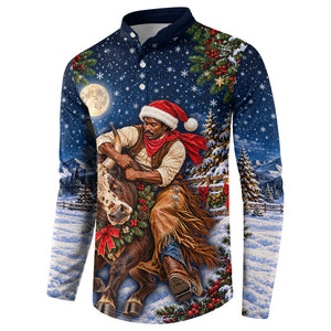 Bill Pickett Christmas Bull Rider Button Sweatshirt Snowy Winter Western Rodeo Night Art