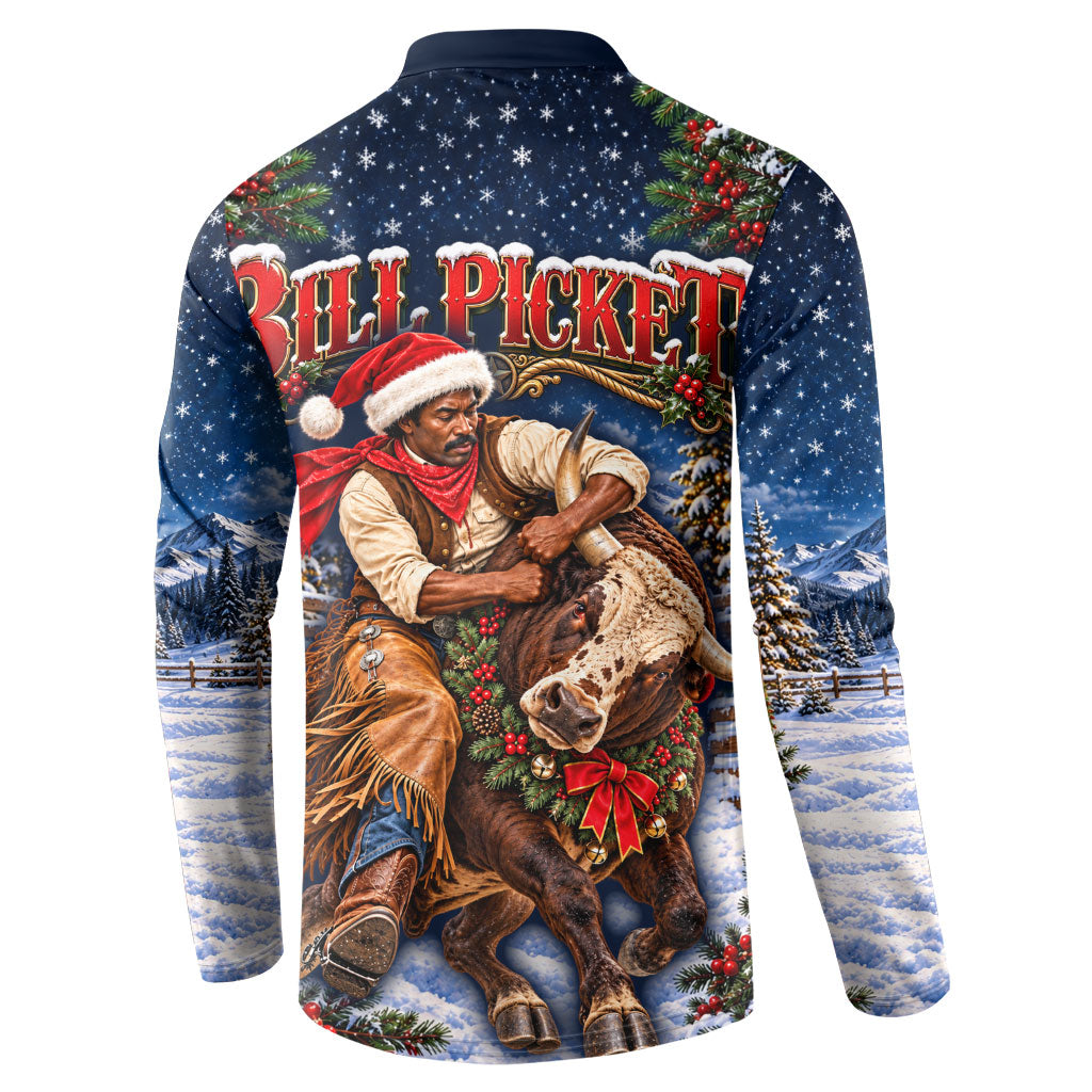 Bill Pickett Christmas Bull Rider Button Sweatshirt Snowy Winter Western Rodeo Night Art