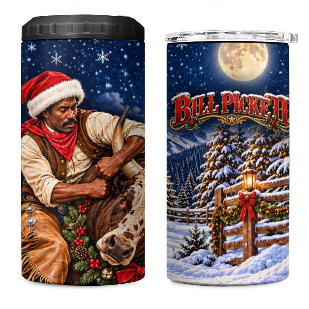 Bill Pickett Christmas Bull Rider 4 in 1 Can Cooler Tumbler Snowy Winter Western Rodeo Night Art