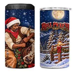 Bill Pickett Christmas Bull Rider 4 in 1 Can Cooler Tumbler Snowy Winter Western Rodeo Night Art