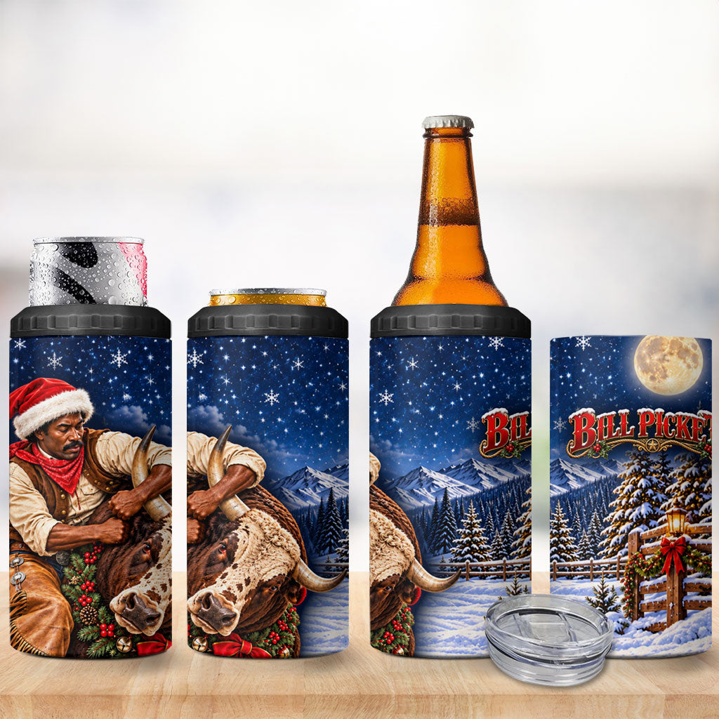 Bill Pickett Christmas Bull Rider 4 in 1 Can Cooler Tumbler Snowy Winter Western Rodeo Night Art
