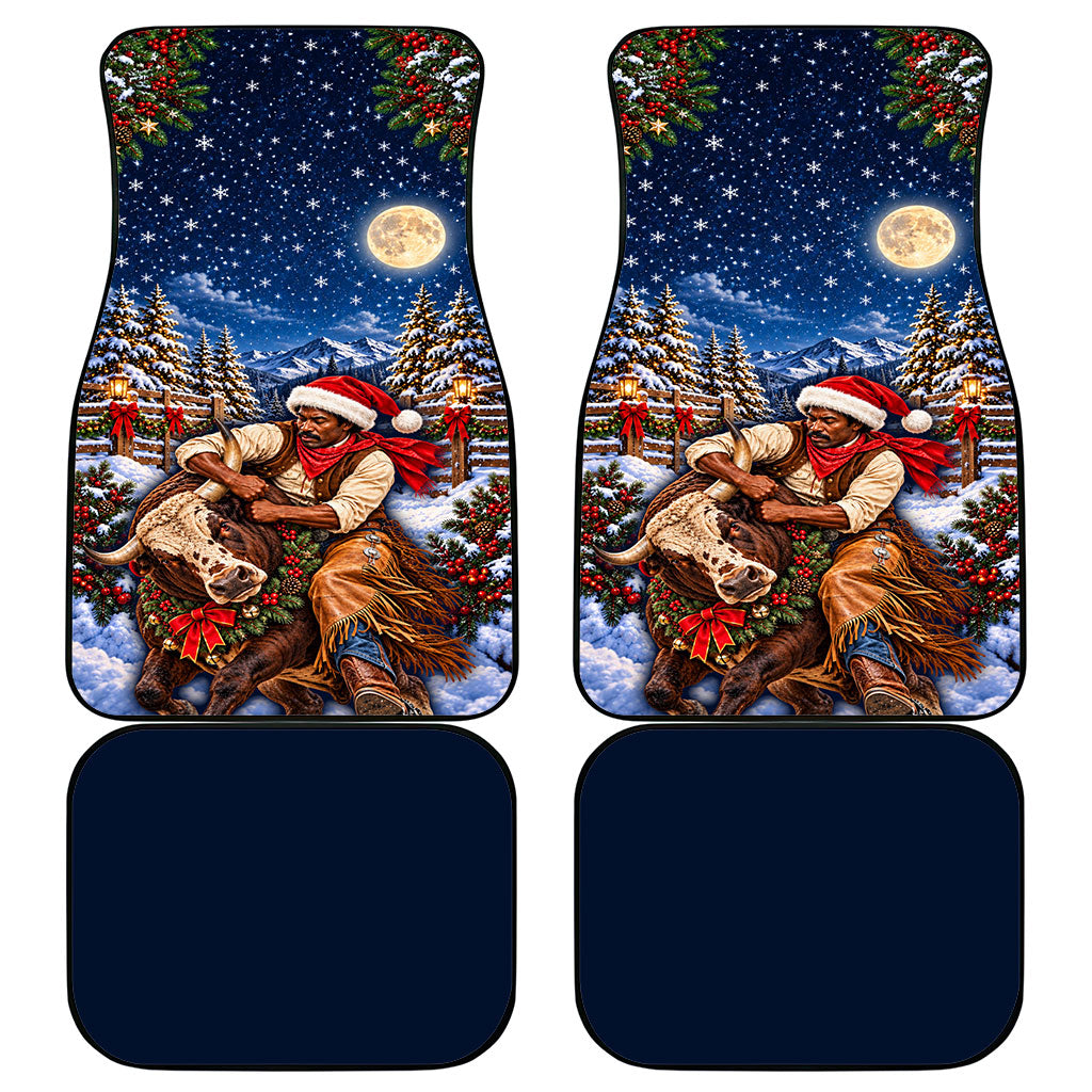 Bill Pickett Christmas Bull Rider Car Mats Snowy Winter Western Rodeo Night Art