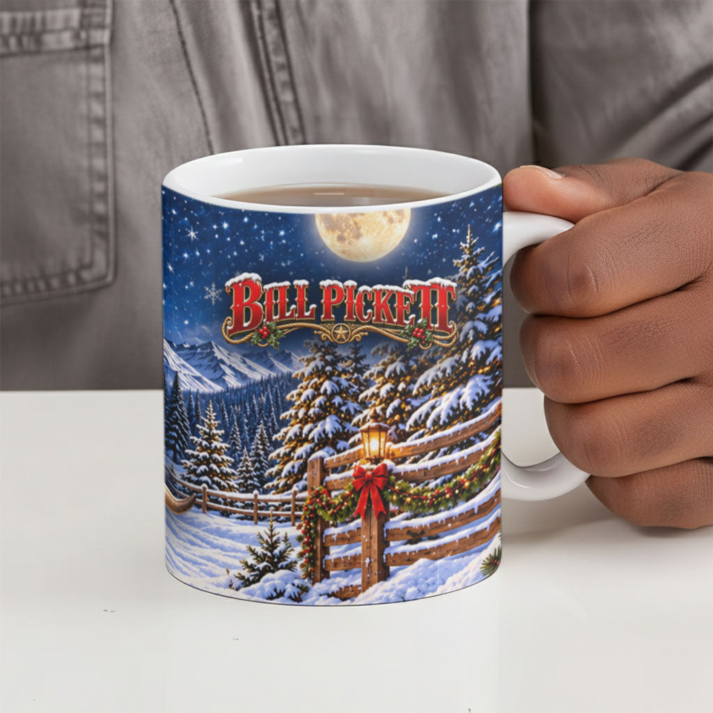 Bill Pickett Christmas Bull Rider Ceramic Mug Snowy Winter Western Rodeo Night Art