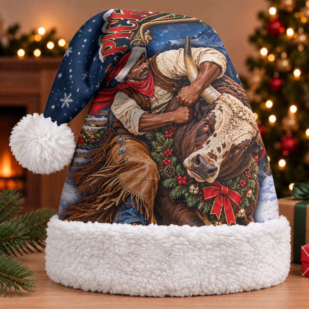 Bill Pickett Christmas Bull Rider Christmas Santa Hat Snowy Winter Western Rodeo Night Art