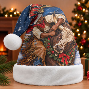 Bill Pickett Christmas Bull Rider Christmas Santa Hat Snowy Winter Western Rodeo Night Art