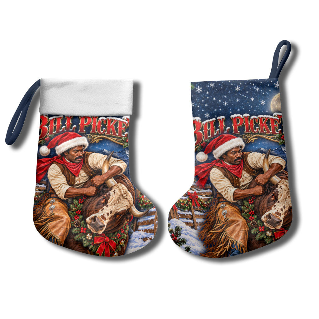 Bill Pickett Christmas Bull Rider Christmas Stocking Snowy Winter Western Rodeo Night Art