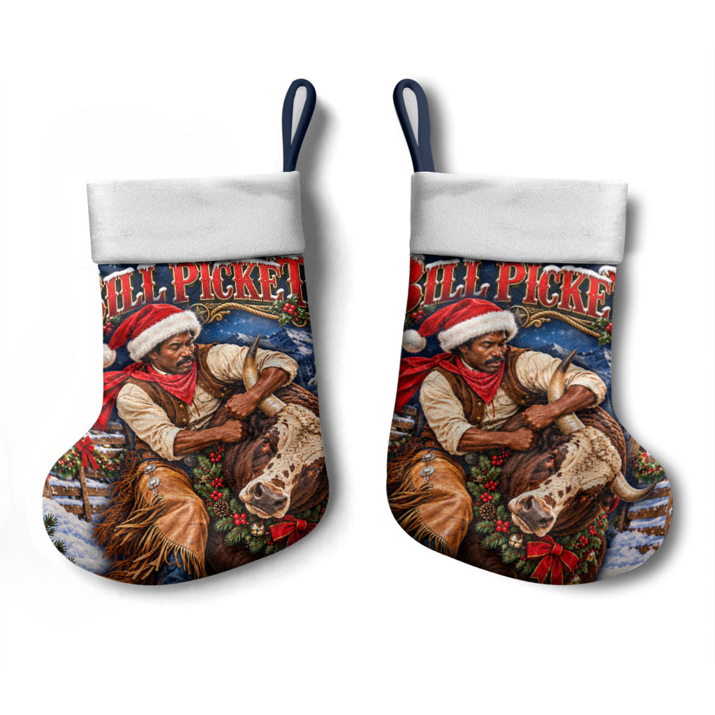 Bill Pickett Christmas Bull Rider Christmas Stocking Snowy Winter Western Rodeo Night Art