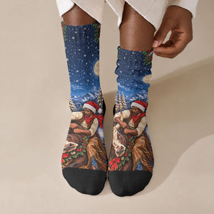 Bill Pickett Christmas Bull Rider Crew Socks Snowy Winter Western Rodeo Night Art