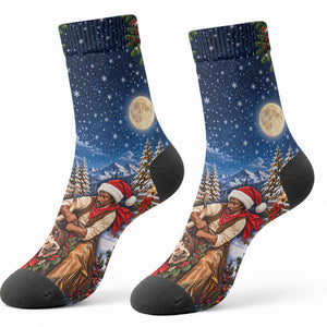Bill Pickett Christmas Bull Rider Crew Socks Snowy Winter Western Rodeo Night Art