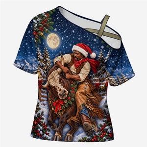 Bill Pickett Christmas Bull Rider Cross Shoulder Shirt Snowy Winter Western Rodeo Night Art