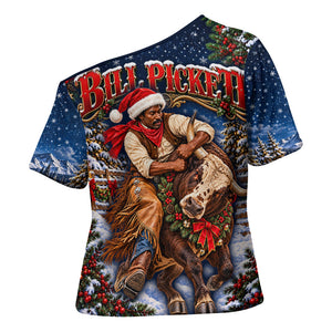 Bill Pickett Christmas Bull Rider Cross Shoulder Shirt Snowy Winter Western Rodeo Night Art