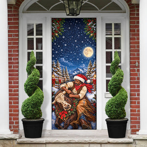 Bill Pickett Christmas Bull Rider Door Cover Snowy Winter Western Rodeo Night Art